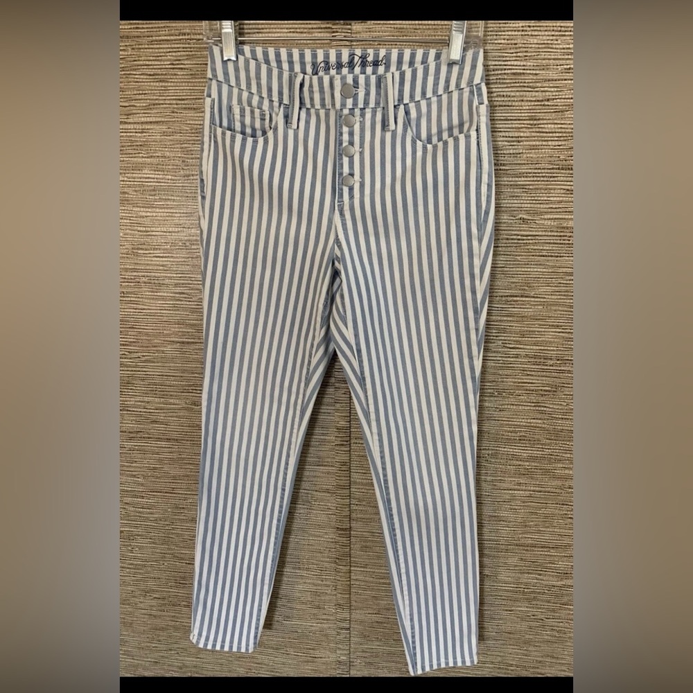 Universal Thread Hi Rise Button Fly Skinny Jeans White & Blue Stripe Size 26